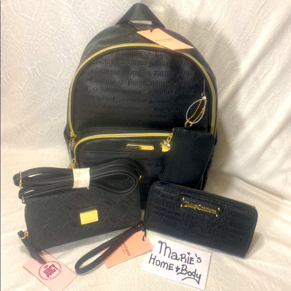 Juicy couture Woman 4pc bag set crossbody purse backpack wallet Deboss NWT black